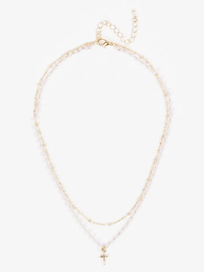 Women Altar039d State Jewelry Layered Pearl Cross Necklace Gold