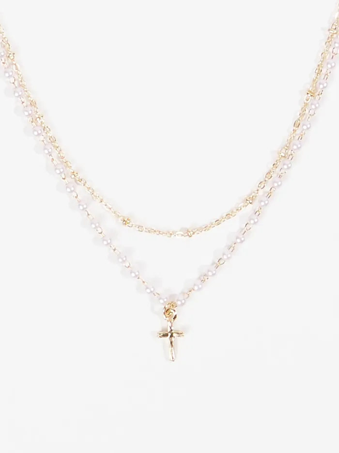 Women Altar039d State Jewelry Layered Pearl Cross Necklace Gold