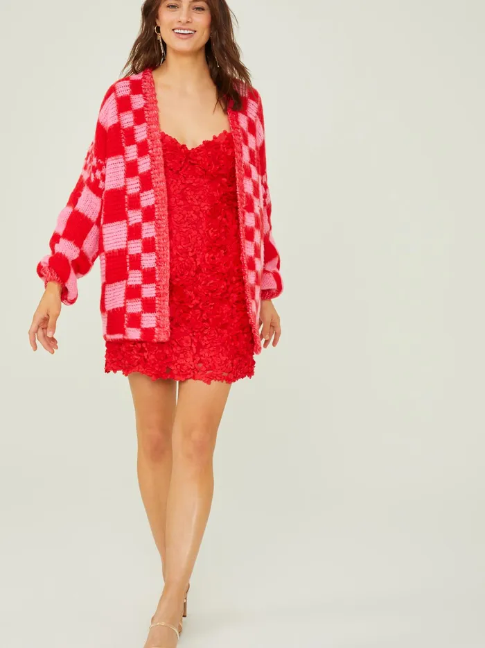 Women Altar039d State Sweaters Heather Checkered Oversized Cardigan Pinkred