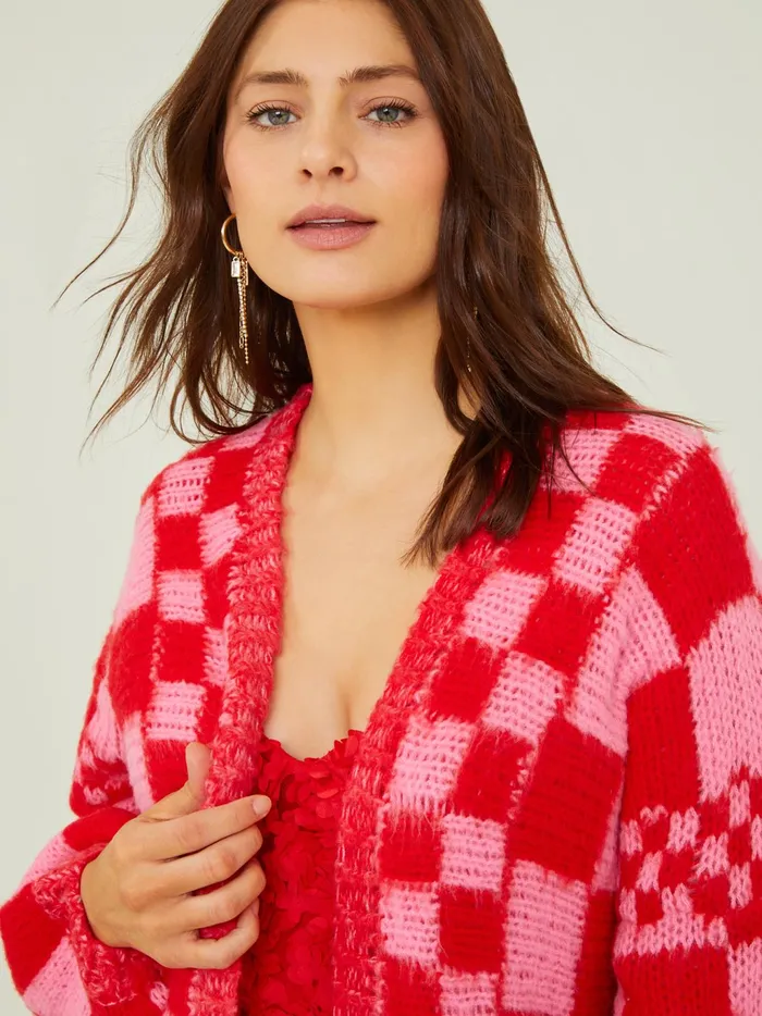 Women Altar039d State Sweaters Heather Checkered Oversized Cardigan Pinkred