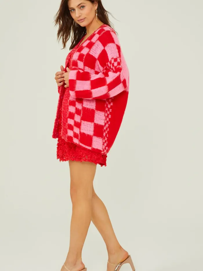 Women Altar039d State Sweaters Heather Checkered Oversized Cardigan Pinkred