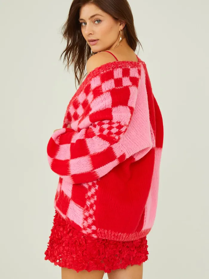 Women Altar039d State Sweaters Heather Checkered Oversized Cardigan Pinkred