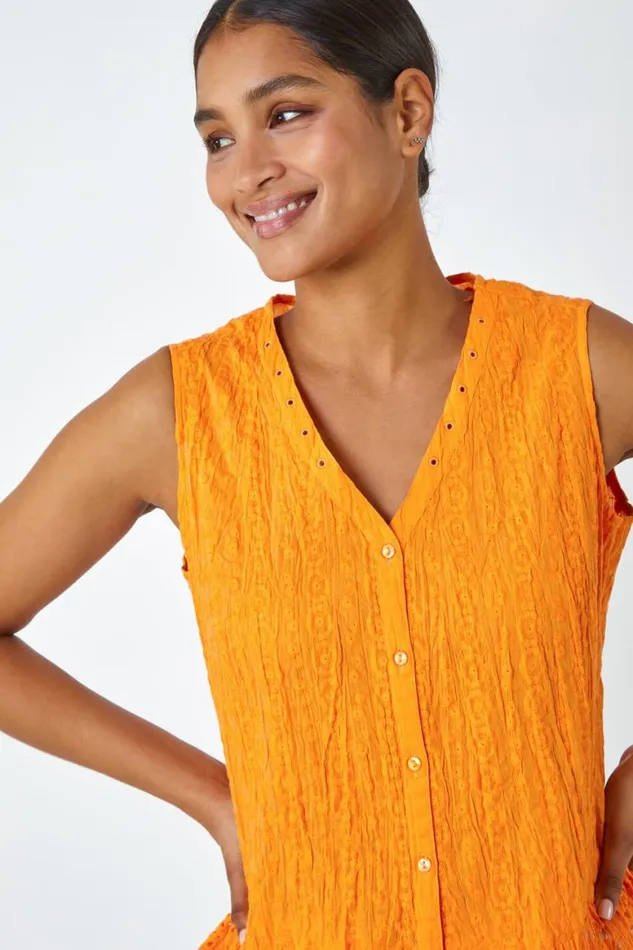 Women Amber Embroidered Sleeveless Crinkle Blouse Roman Tops