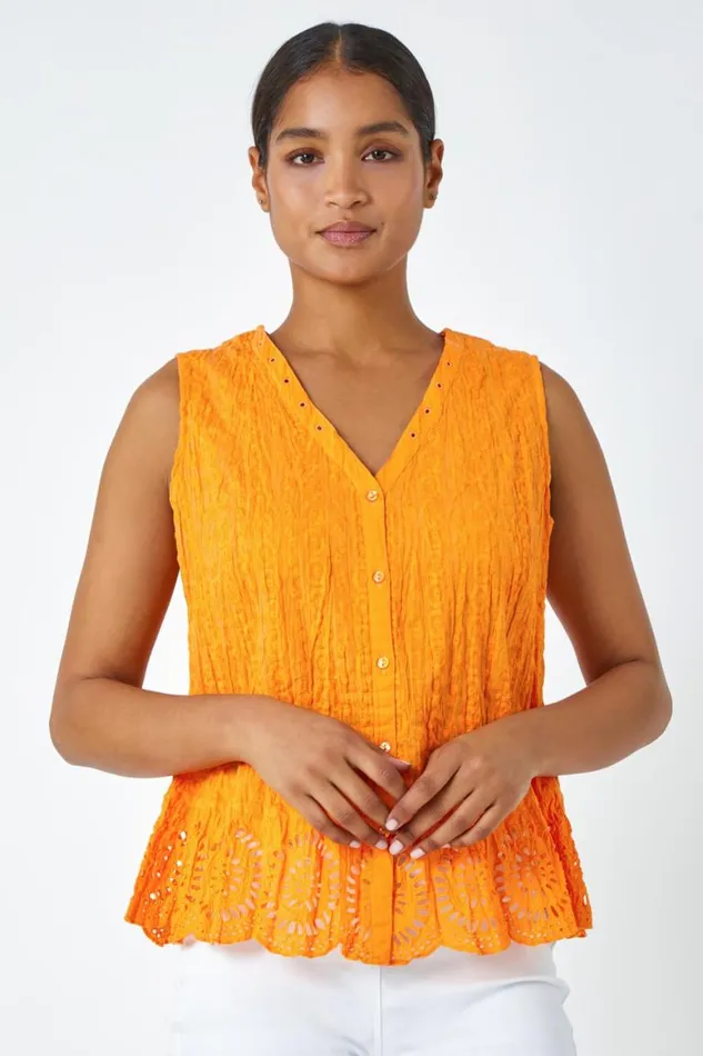Women Amber Embroidered Sleeveless Crinkle Blouse Roman Tops