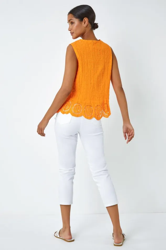 Women Amber Embroidered Sleeveless Crinkle Blouse Roman Tops