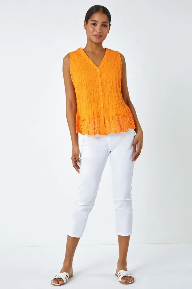 Women Amber Embroidered Sleeveless Crinkle Blouse Roman Tops