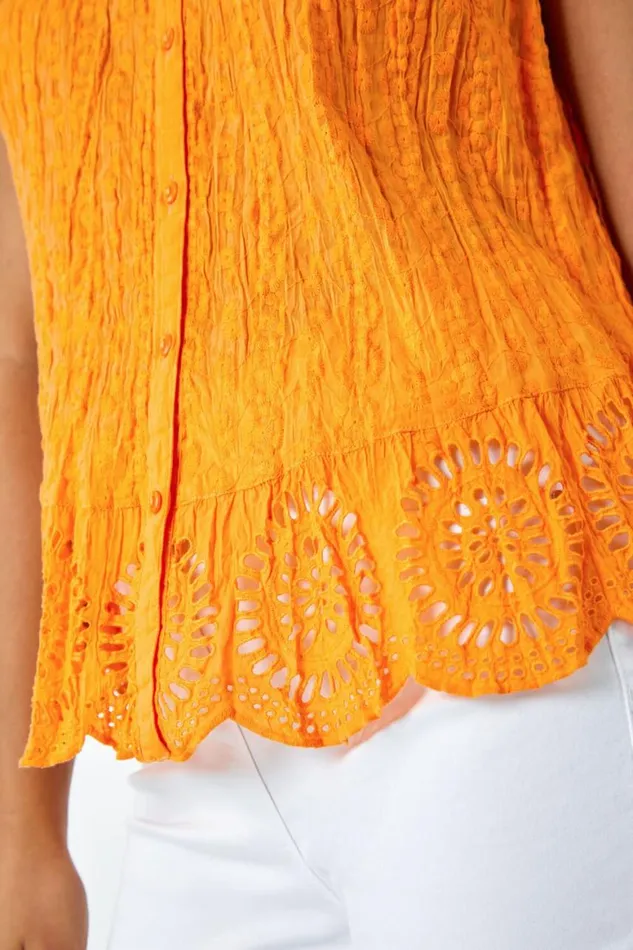 Women Amber Embroidered Sleeveless Crinkle Blouse Roman Tops