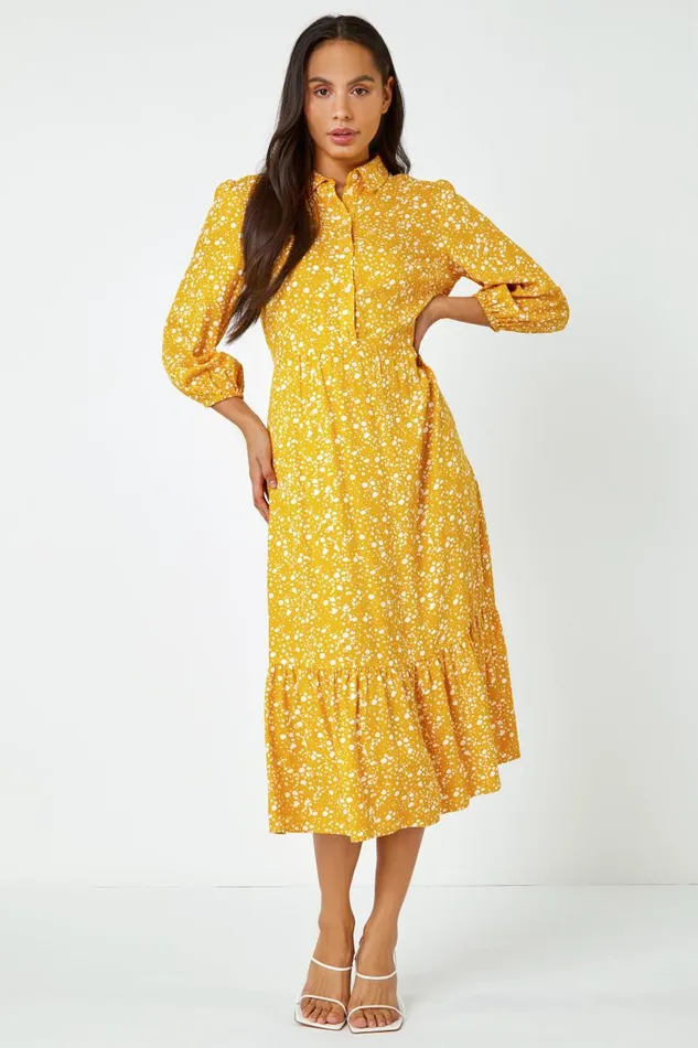 Women Amber Spot Print Tiered Shirt Dress Roman Dresses