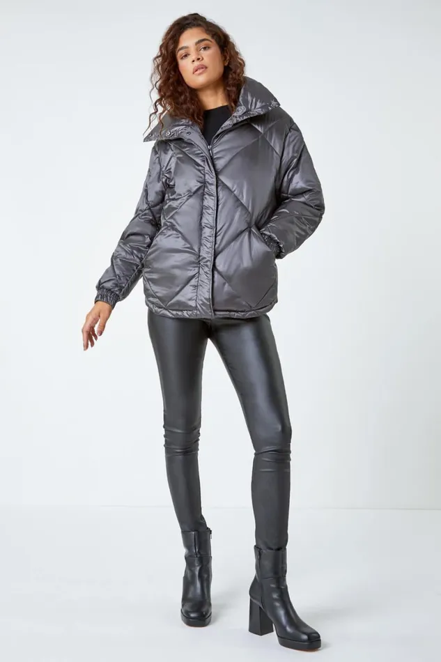 Women Ash Diamond Quilted Puffer Coat Roman Coats