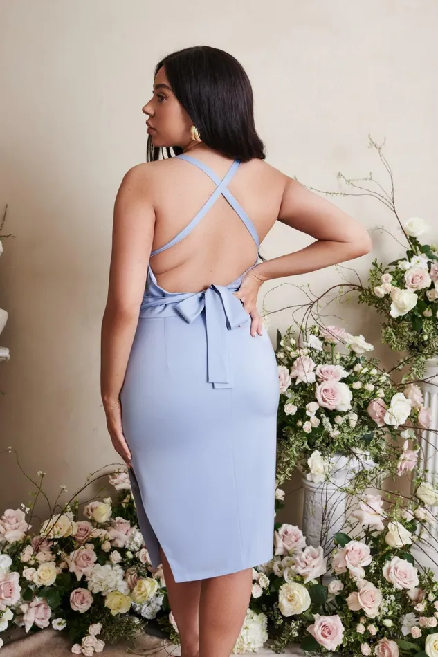 Women Backless Dresses Lavish Alice LILIANA Curve Cross Back Cowl Neck Midi Dress In Cornflower Blue Cornflower Blue