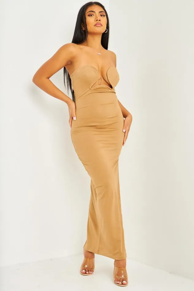 Women Bandeau Midi Dress In Dark Beige Darkbeige Brentiny Paris Ceremonial Outfits