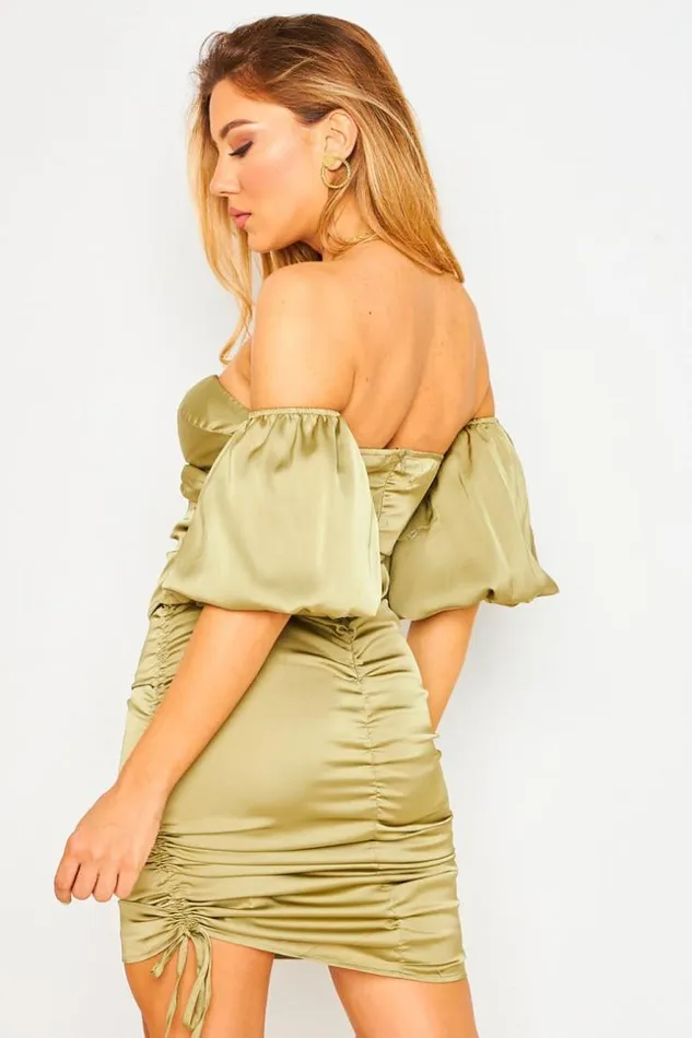 Women Bardot Ruched Mini Dress In Olive Green Vertclair Brentiny Paris Ceremonial Outfits