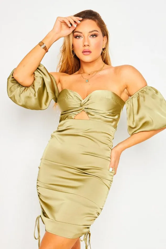 Women Bardot Ruched Mini Dress In Olive Green Vertclair Brentiny Paris Ceremonial Outfits