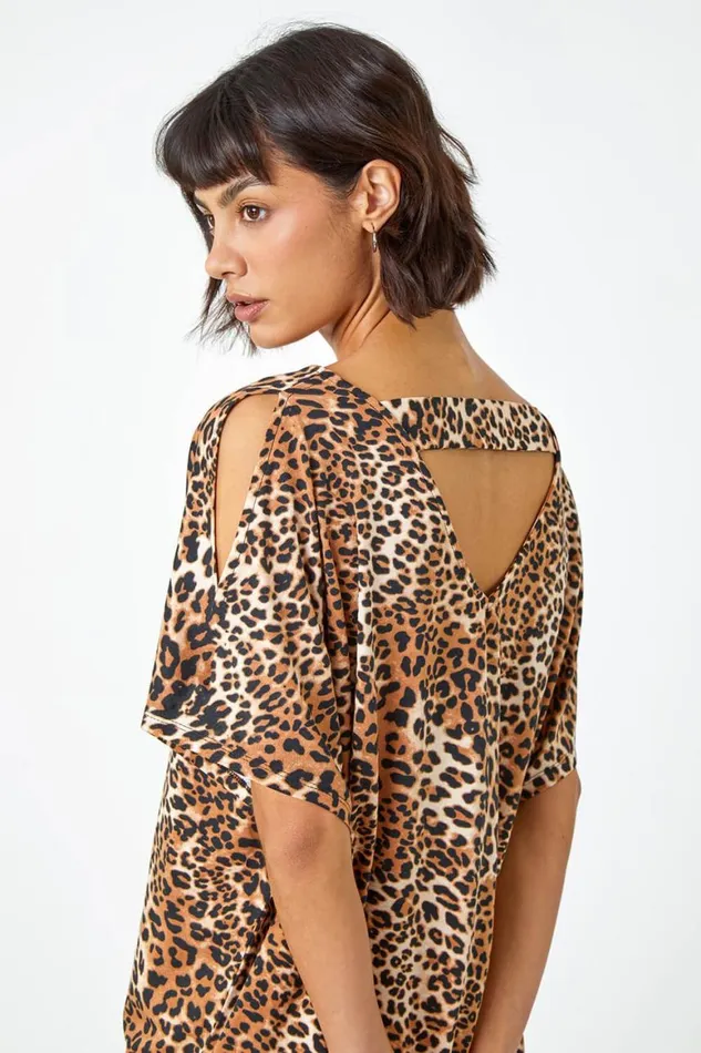 Women Beige Animal Print VNeck Cold Shoulder Stretch Top Roman Tops