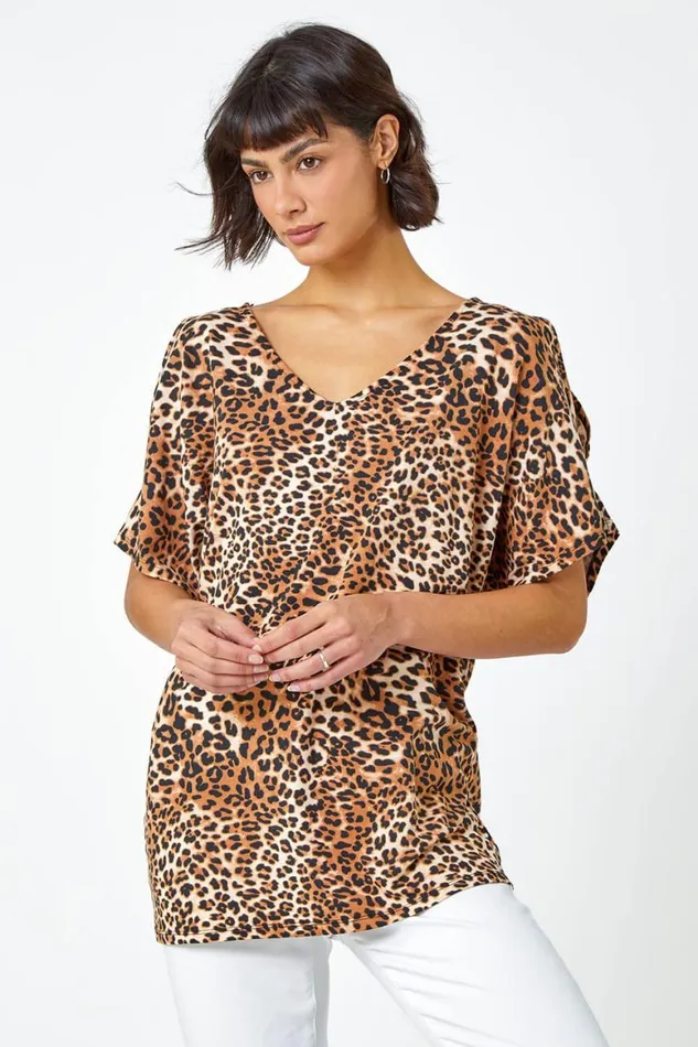 Women Beige Animal Print VNeck Cold Shoulder Stretch Top Roman Tops