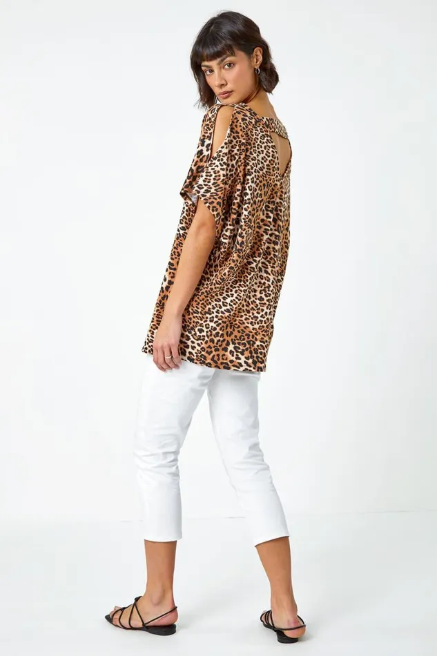Women Beige Animal Print VNeck Cold Shoulder Stretch Top Roman Tops