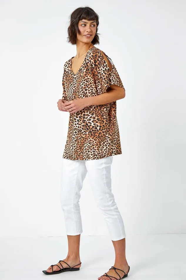 Women Beige Animal Print VNeck Cold Shoulder Stretch Top Roman Tops