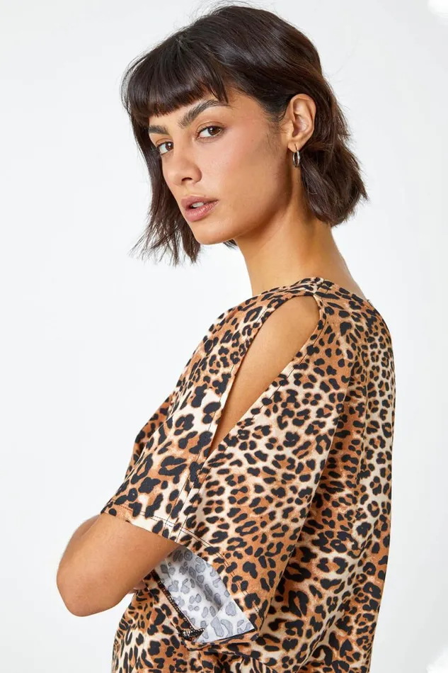 Women Beige Animal Print VNeck Cold Shoulder Stretch Top Roman Tops