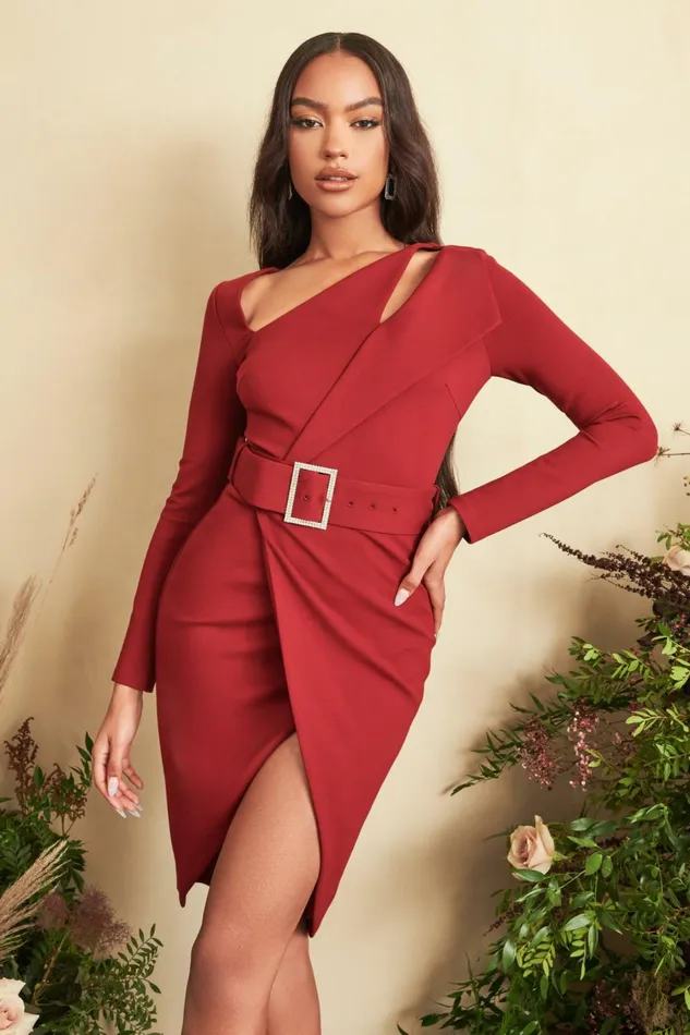 Women Belted Dresses Lavish Alice RUBY Asymmetric Long Sleeve Ponte Midi Dress In Burgundy Burgundy