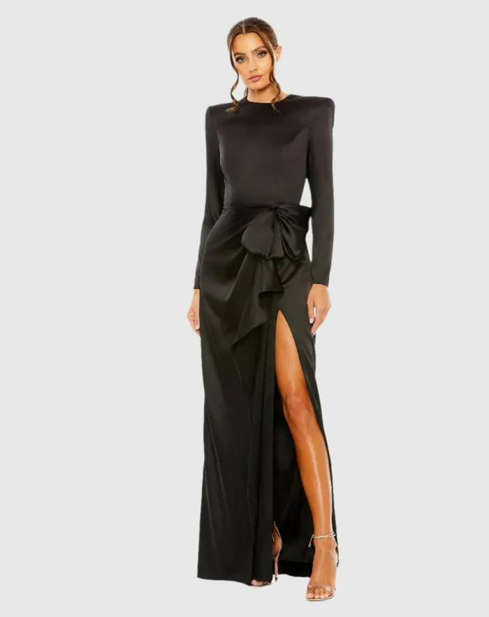 Women Best Sellers Mac Duggal Black Long Sleeve Structured Bow Draped Gown Black