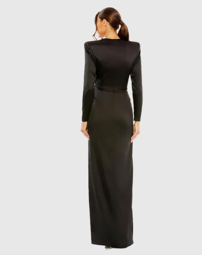 Women Best Sellers Mac Duggal Black Long Sleeve Structured Bow Draped Gown Black