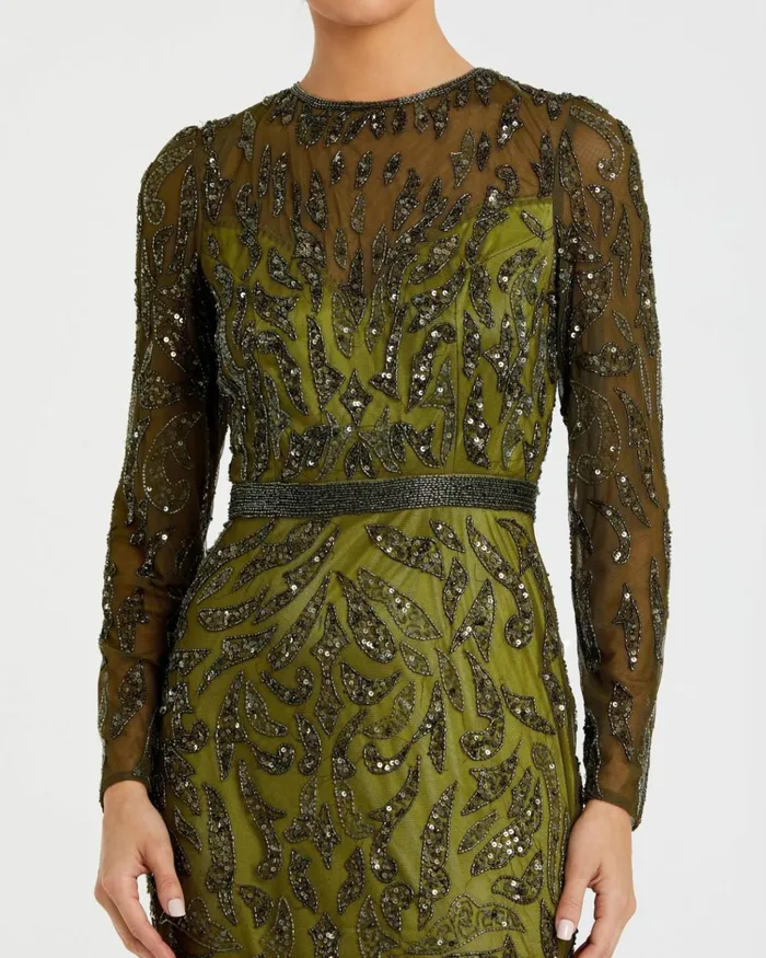Women Best Sellers Mac Duggal Green Beaded Long Sleeve Evening Gown Olive