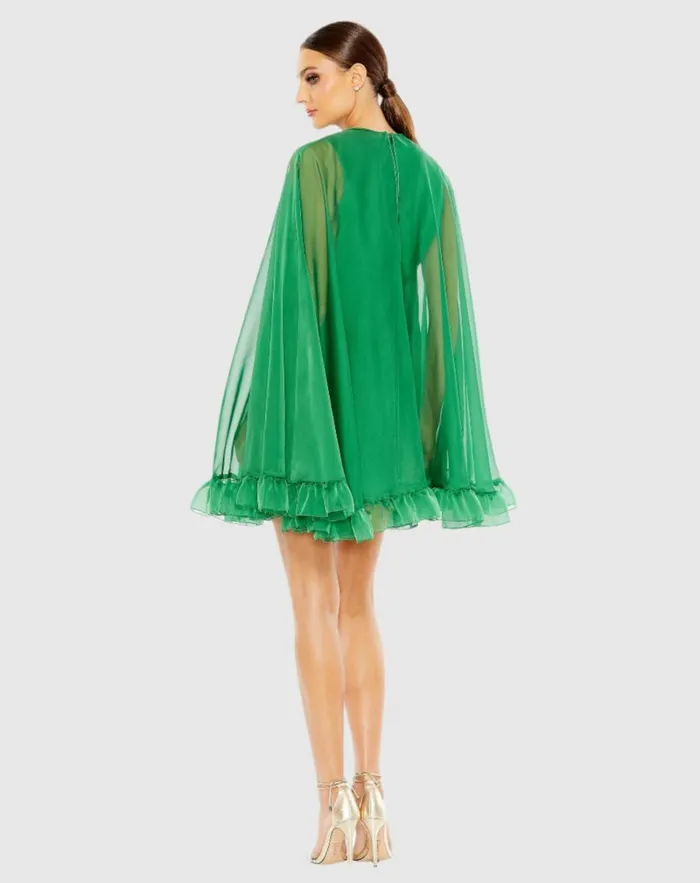 Women Best Sellers Mac Duggal High Neck Ruffle Hem Cape Mini Dress Deep Green