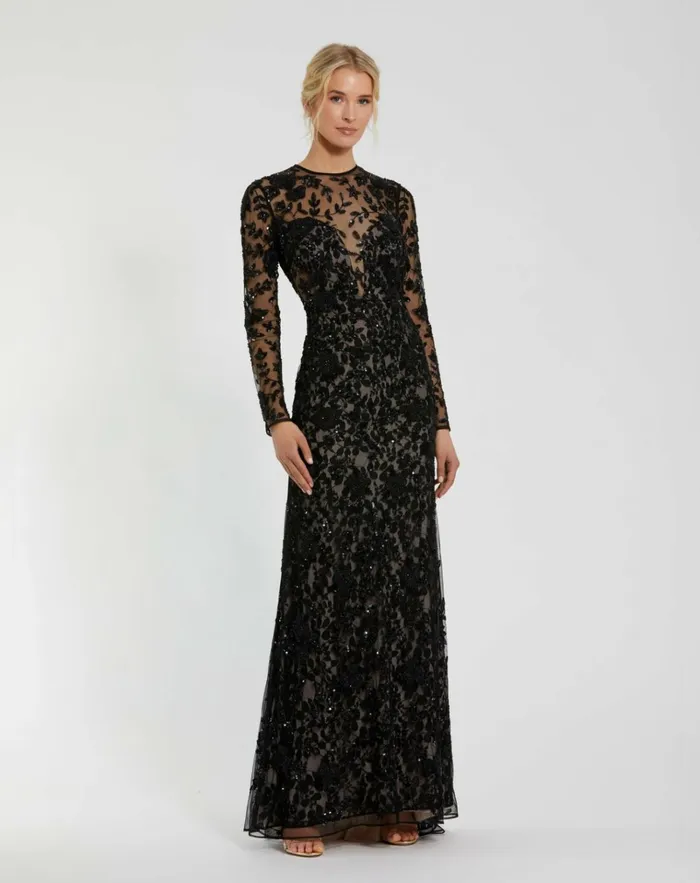 Women Best Sellers Mac Duggal Long Sleeve Floral Embellished Gown Black Nude