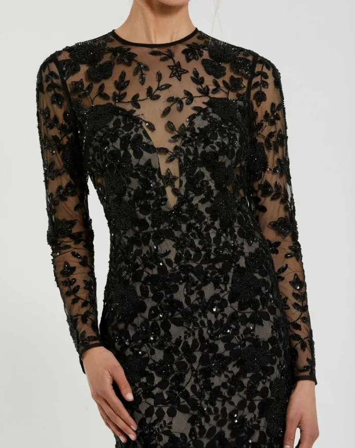 Women Best Sellers Mac Duggal Long Sleeve Floral Embellished Gown Black Nude Women Best Sellers Mac Duggal Long Sleeve Floral Embellished Gown Black Nude