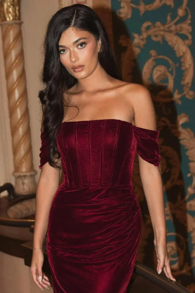 Women Best Sellers Mac Duggal OfftheShoulder Velvet Bustier Gown Wine