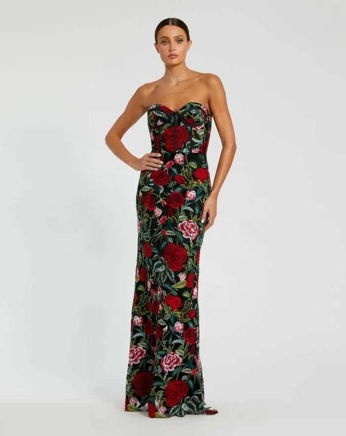 Women Best Sellers Mac Duggal Sheer Bustier Top Floral Applique Gown Black Multi