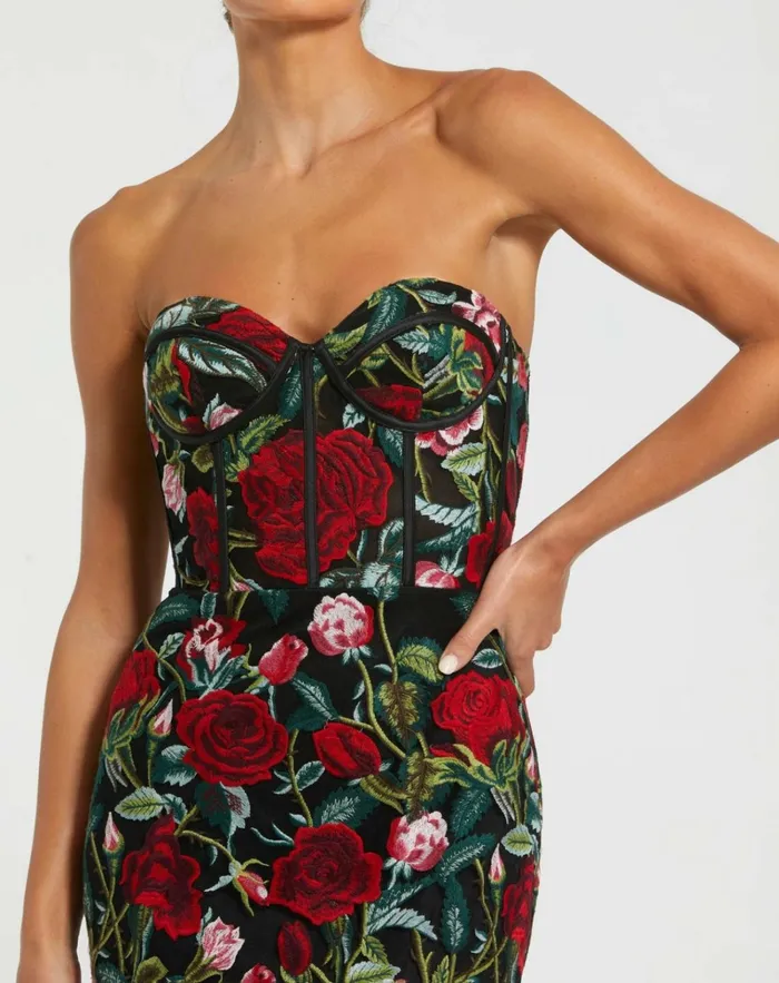 Women Best Sellers Mac Duggal Sheer Bustier Top Floral Applique Gown Black Multi