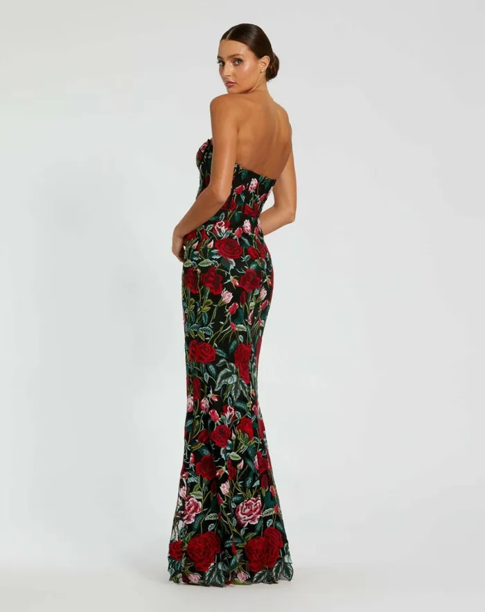 Women Best Sellers Mac Duggal Sheer Bustier Top Floral Applique Gown Black Multi