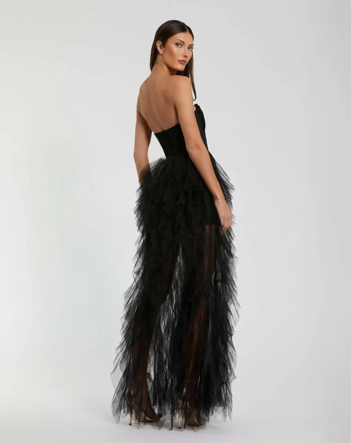 Women Best Sellers Mac Duggal Strapless Bustier Net Gown With Spiral Ruffles Black Women Best Sellers Mac Duggal Strapless Bustier Net Gown With Spiral Ruffles Black