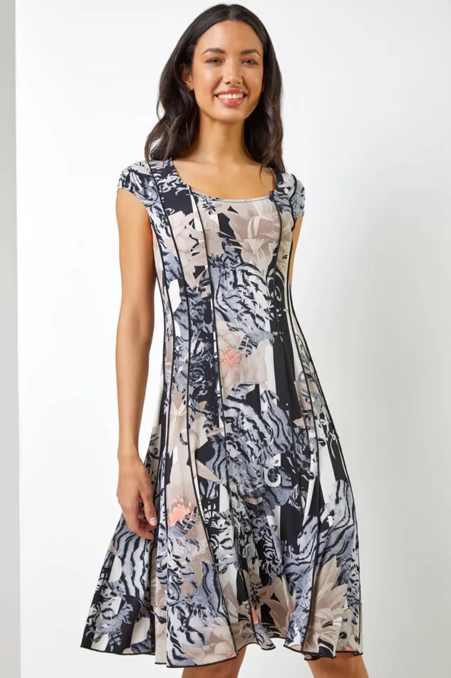 Women Black Abstract Floral Print Panel Dress Roman Dresses