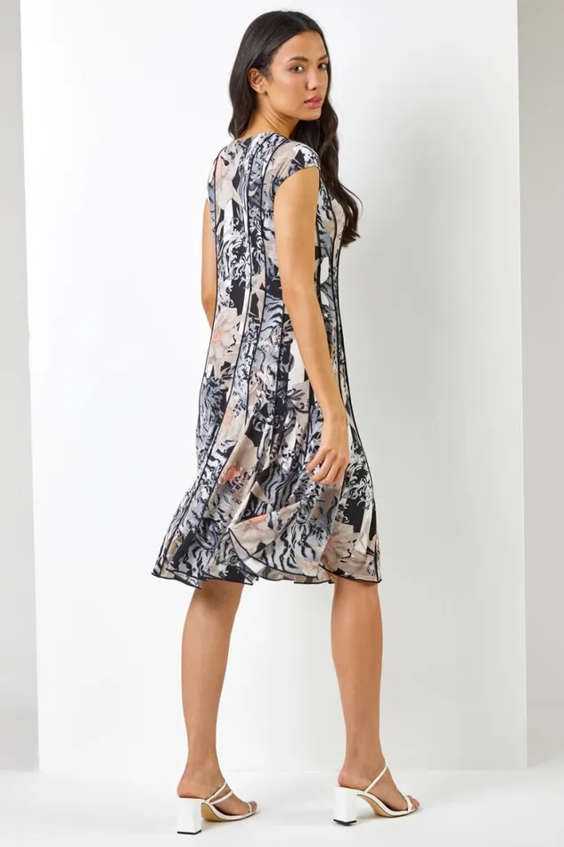 Women Black Abstract Floral Print Panel Dress Roman Dresses