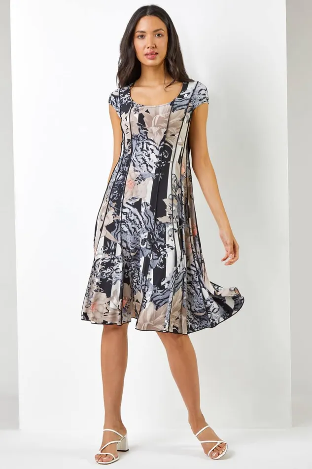Women Black Abstract Floral Print Panel Dress Roman Dresses