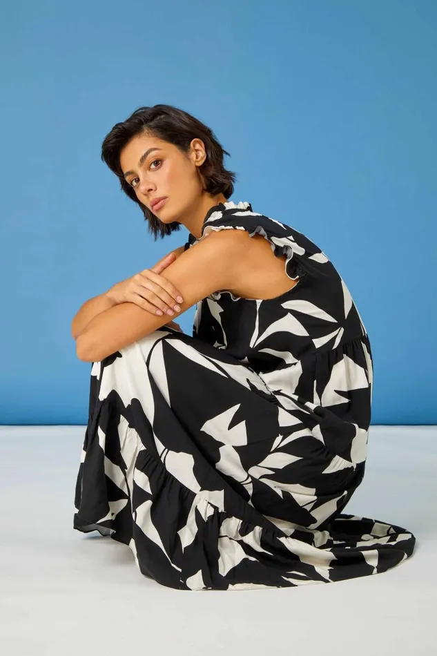 Women Black Abstract Print Frill Detail Midi Dress Roman Dresses