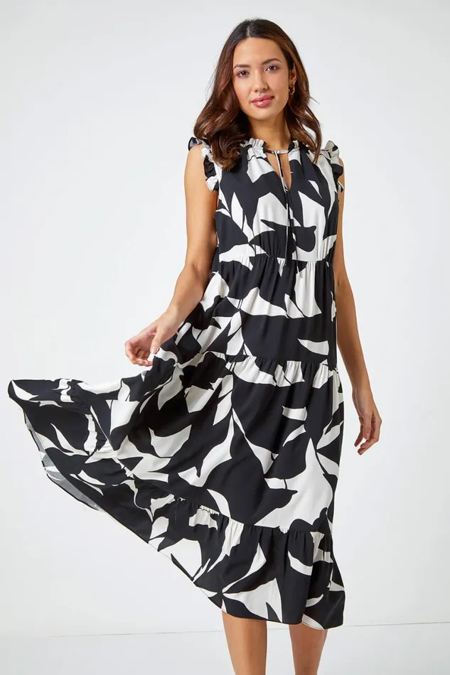Women Black Abstract Print Frill Detail Midi Dress Roman Dresses