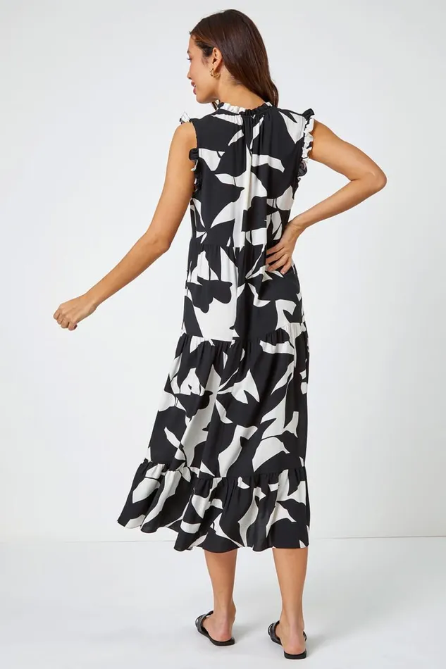 Women Black Abstract Print Frill Detail Midi Dress Roman Dresses