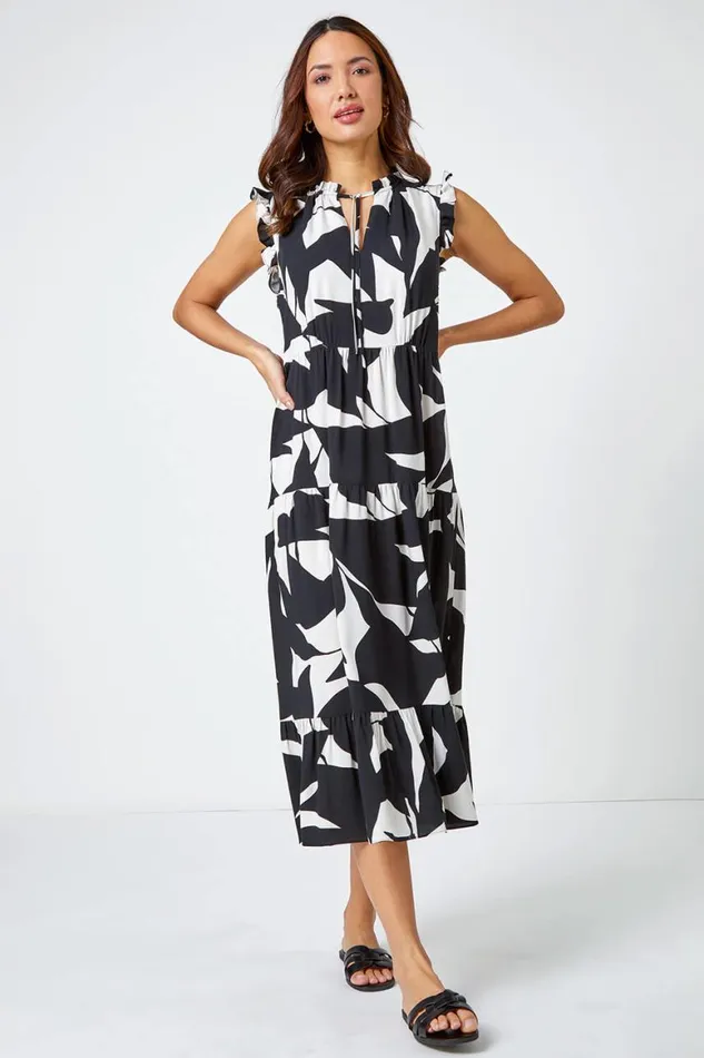 Women Black Abstract Print Frill Detail Midi Dress Roman Dresses
