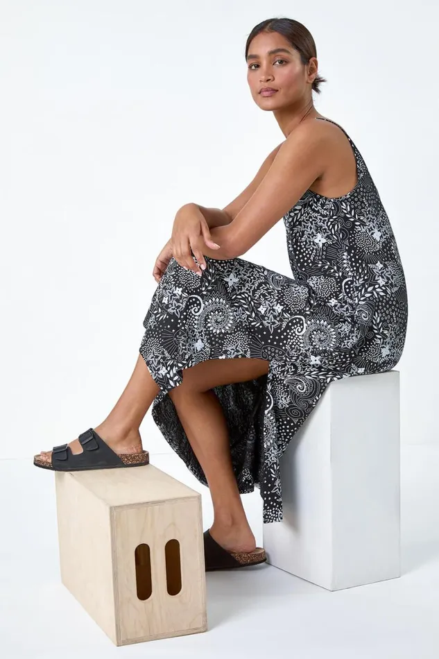 Women Black Abstract Strappy Swing Stretch Midi Dress Roman Dresses