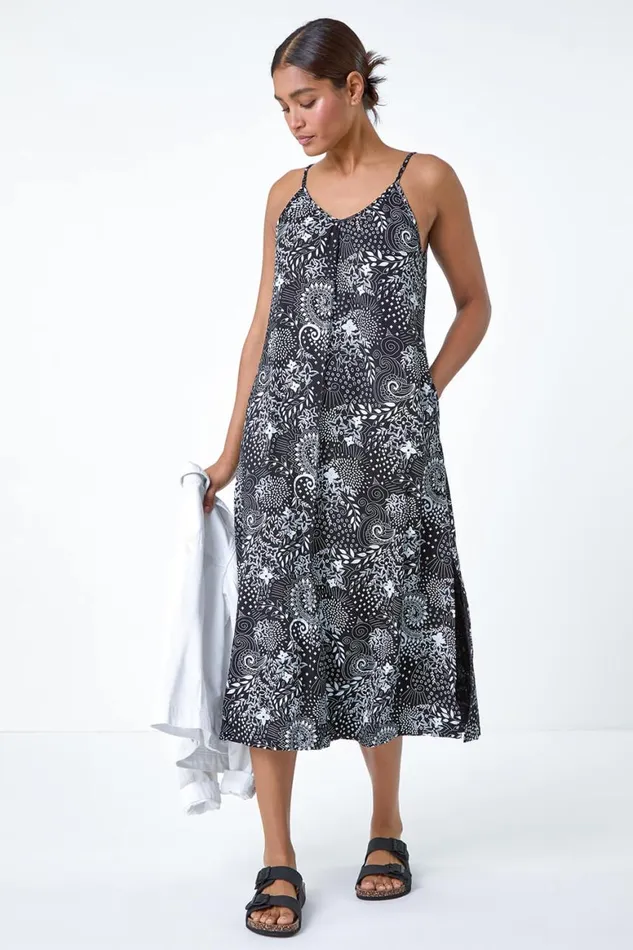 Women Black Abstract Strappy Swing Stretch Midi Dress Roman Dresses