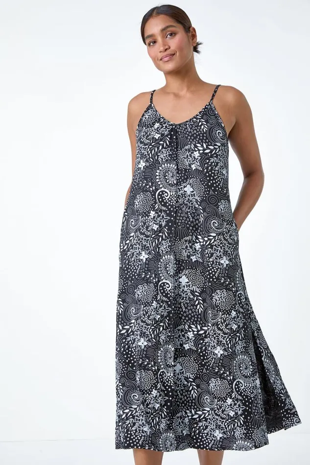 Women Black Abstract Strappy Swing Stretch Midi Dress Roman Dresses