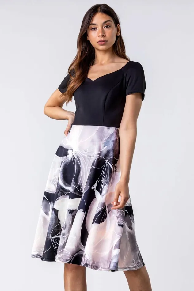 Women Black and Grey Contrast Floral Print Fit and Flare Dress Roman Dresses