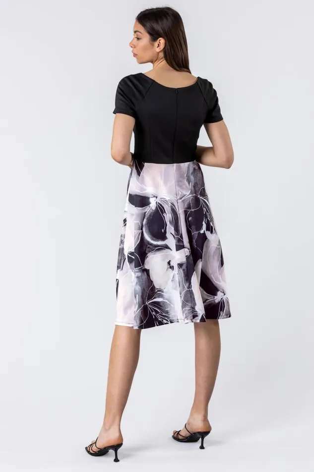 Women Black and Grey Contrast Floral Print Fit and Flare Dress Roman Dresses