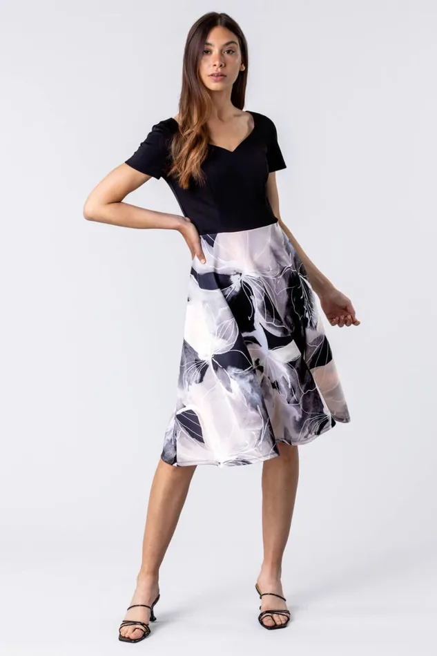 Women Black and Grey Contrast Floral Print Fit and Flare Dress Roman Dresses