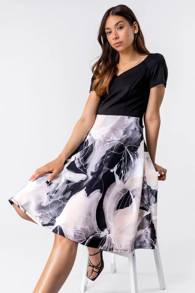 Women Black and Grey Contrast Floral Print Fit and Flare Dress Roman Dresses