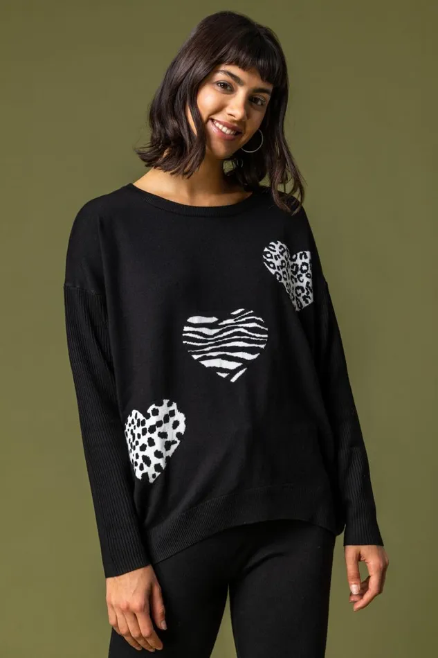 Women Black Animal Heart Print Jumper Roman Knitwear