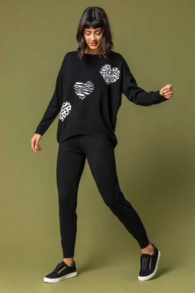 Women Black Animal Heart Print Jumper Roman Knitwear